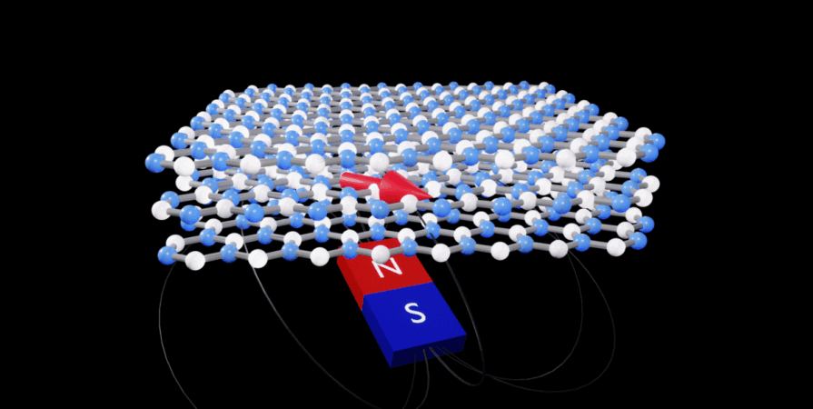 Artist's impression of hexagonal boron nitride layers containing a spin, represented by the red arrow, which can be used for sensing magnetic fields.